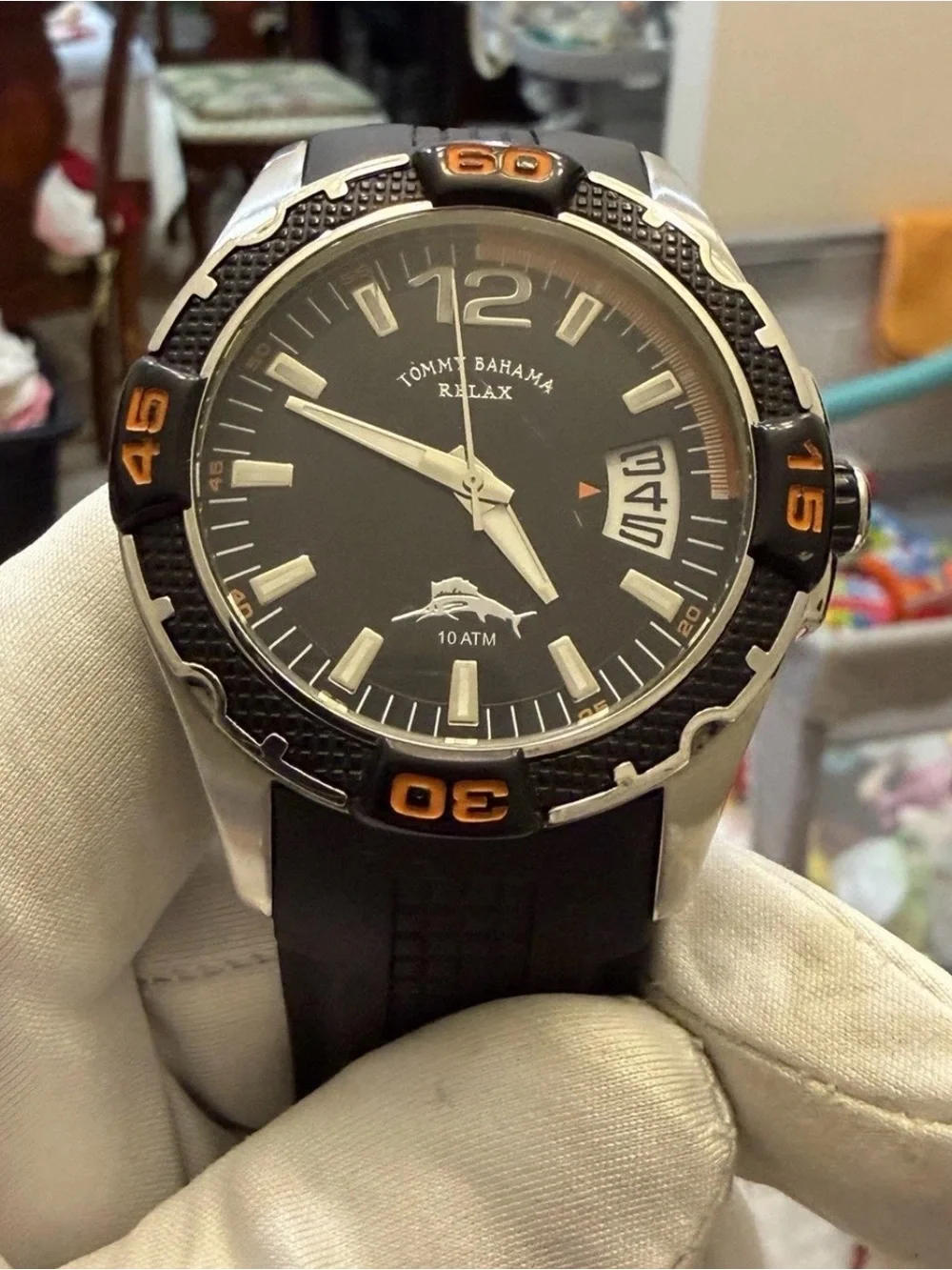 Tommy Bahama Relax Men Watch RLX1112 Black Orange Date 10 ATM 46mm Sport Diver